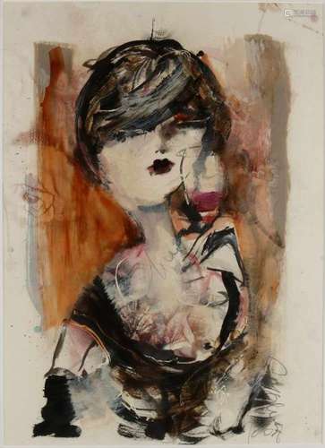 Guy Olivier. 2007. 1964 -. Lady with wineglass. Mixed technique on paper. Size: 50 x 60 cm. In