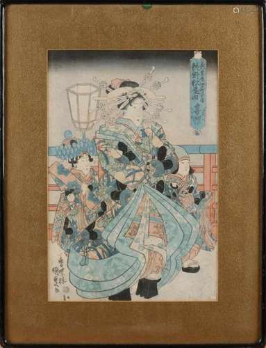 Three antique / old Japanese autographed woodcuts with geishas. Woodcuts on paper. Size: 37 - 39 cm.