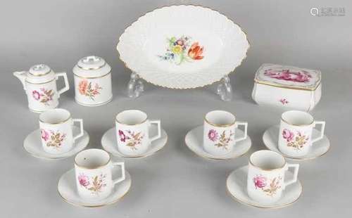 Lot of various German Hoechst porcelain. Hand painted. Consisting of: Six cup + saucers, dish /