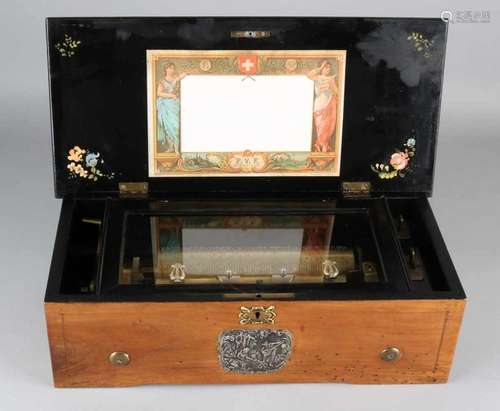 Antique Swiss cylinder music box with floral intarsia. Light inactive worm case. Playing function.