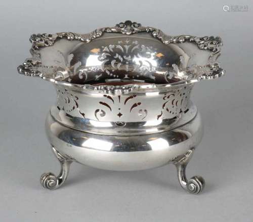 Silver pipe fittings, 925/000, round model with sawn motifs and a turned rim with palmettes and