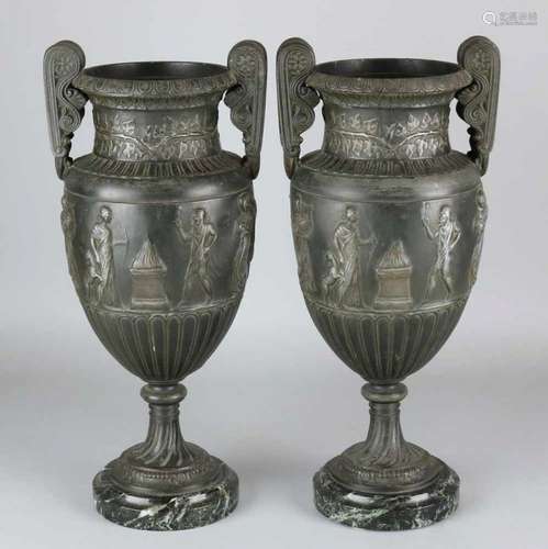 Two large 19th century Amfora ornamental vases with Greek figures on marble basement. Composition