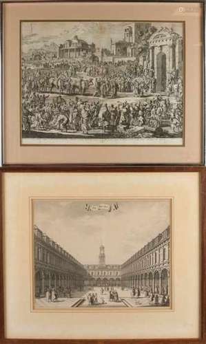 Two antique engravings. 17th - 18th Century. One time: The Lijstriers bring bulls to sacrifice