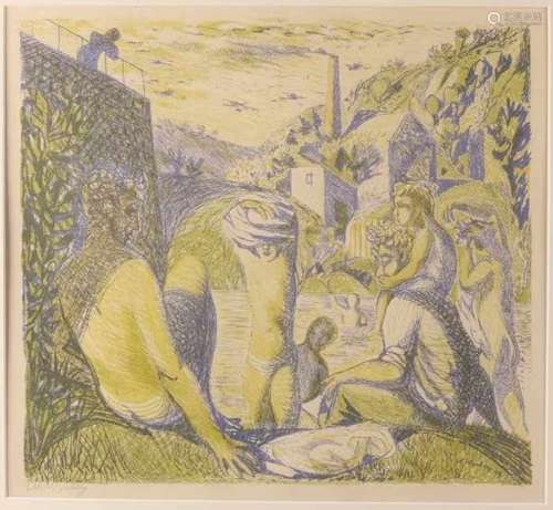 N. Wijnberg '47. 1918 - 2006. Bathing figures on the river. Lithography on paper. Size: 38 x 34