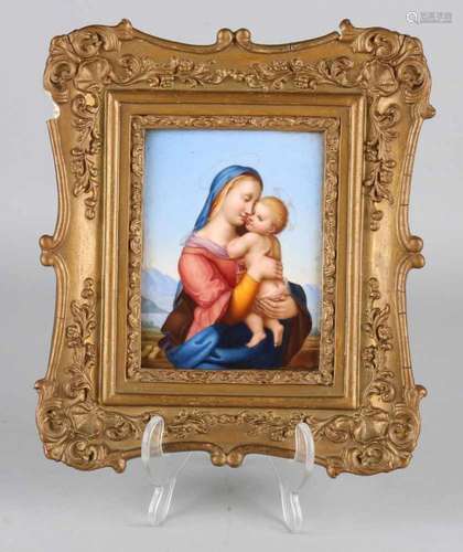 19th Century porcelain plaque, Maria with baby Jesus in mountain landscape. Hand-painted nice