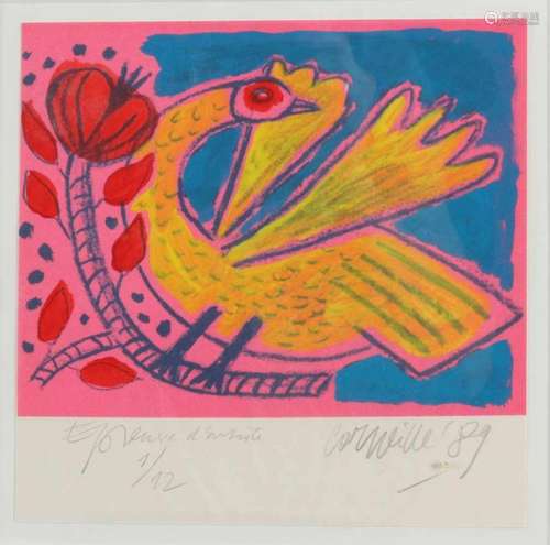 Guilliaume Corneille '89. 1922 - 2010. Epreuve d 'Artiste Nr. 1/12. Pigeon with heart. Lithography