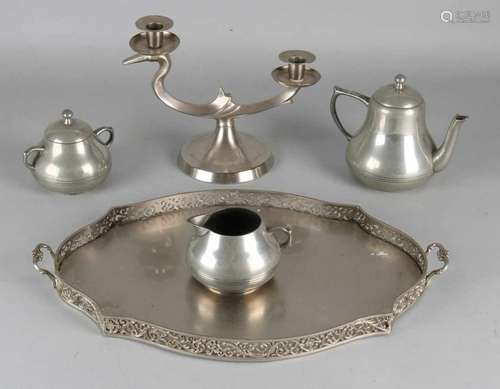 Five-piece old tin set. Pre-war with tray, cream set, coffee pot and candlestick. Size: 10 - 40