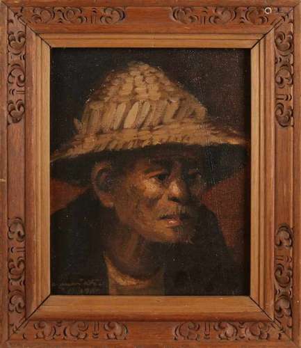 Unclear signed. Indonesian School. Indonesian man with straw hat, mustache and stubble beard. Oil