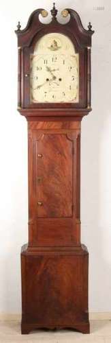 Early 19th century English mahogany standing clock with eight-day movement and beautiful painted