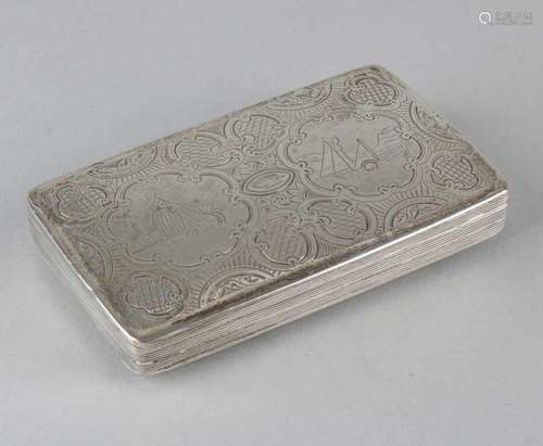 Silver tobacco box, 833/000, rectangular model with engraved lid with ships and ribbed on the