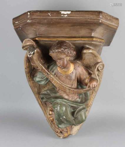 Very large 19th century plaster polychrome wall console with angel, St. Antoine. Potato chips. Size: