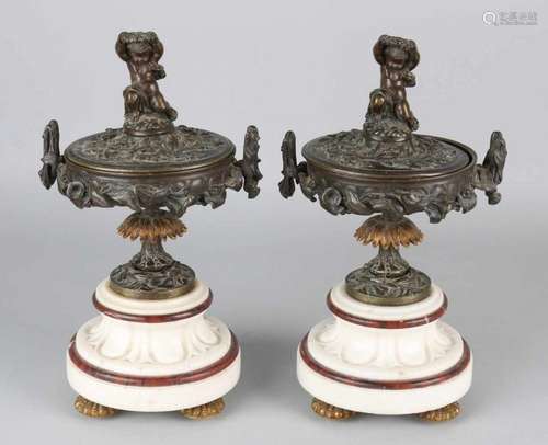 Two 19th century French bronze lid coupes with white Carrara marble. Few minimum chips. Size: 27 x