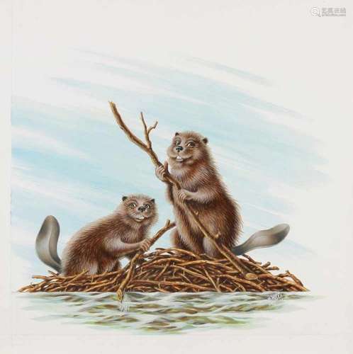 Chris Overbeeke. Painted in commission as advertising. Two beavers at beaver construction. Oil paint