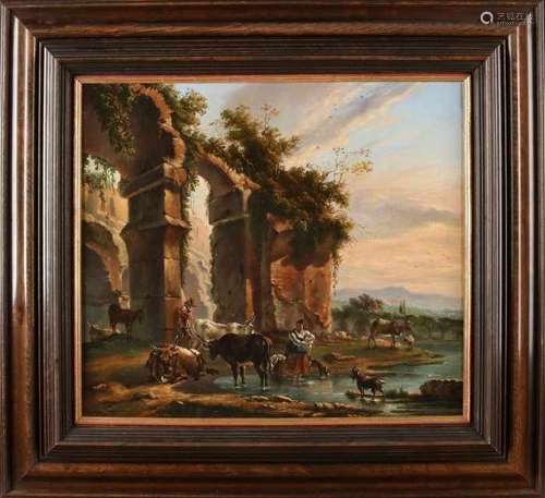 Italian school. Italian ruin with lots of cattle and shepherd. Oil paint on linen. Size: 45 x 39 cm.