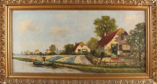 Monogram AR Circa 1930. Farmhouses with bulb fields. Oil paint on panel. Size: 50 x 103 cm. In