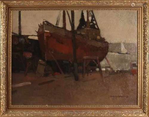 Joop Kropff. Scheepshelling Scheveningen. Oil paint on linen. Size: 77 x 100 cm. In good