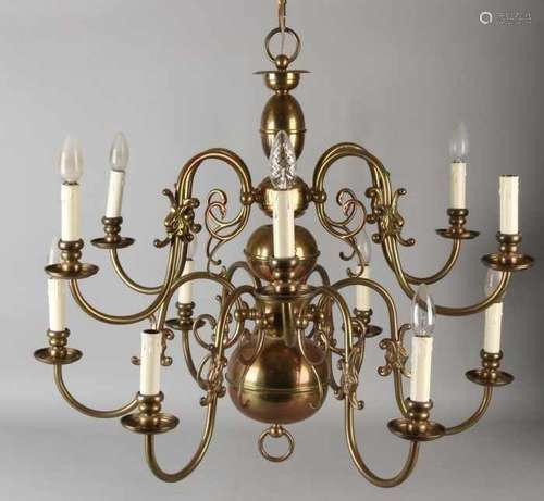 Large antique Dutch Baroque-style copper chandelier. Twelve-light. Circa 1900. Size: 75 x 80 cm ø.