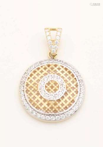 Yellow gold pendant, 585/000, with zirconia's. Round pendant with 2 rings set with zirconia's with a