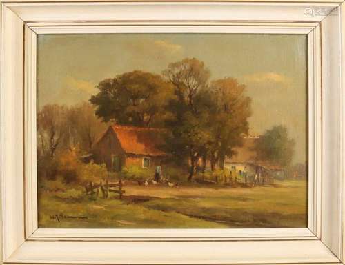 WJ Pasman. 1905 - 1984. Farm with farmer's wife and chickens. Oil paint on linen. Size: 30 x 40