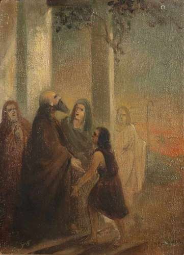 Jan Cossaar. 1874 - 1956. Religious representation with figures. Oil paint on panel. Size: 16 x 22