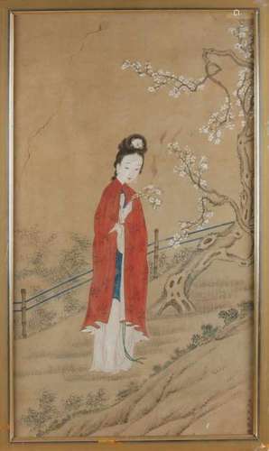 19th Century signed Chinese ajuard. Geisha with blossoms. Watercolor on paper. Torn left at the