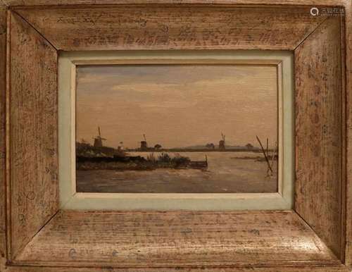 Paul Joseph Constantin Gabriel. 1828-1903.  The Hague. Polder face with mills. Oil paint on panel.