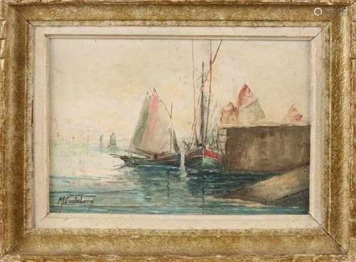 M. Catelein (Marcel)?. 1907 - 1972. Sailboats at quay. Oil paint on linen. Size: 27 x 19 cm. In good