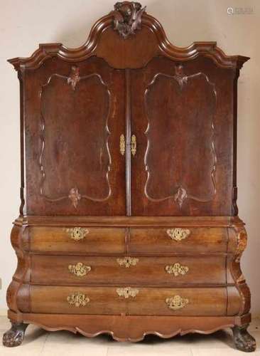 18th Century walnuts Twents cabinet, double bent with original fittings and claw feet. Unrestored.