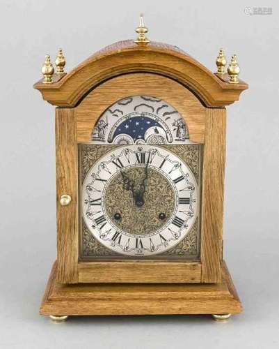 German oak table clock with moon stand. Second half of the 20th century. Size: 35 cm. In good