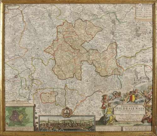 Beautiful antique 17th century colored map. Episcopatus Hildesiensis Gerhard Lust. Arenholdum