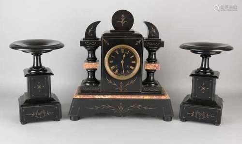 Antique French black marble clock set with coupes. Circa 1880. Eight-day movement, half-hour stroke,