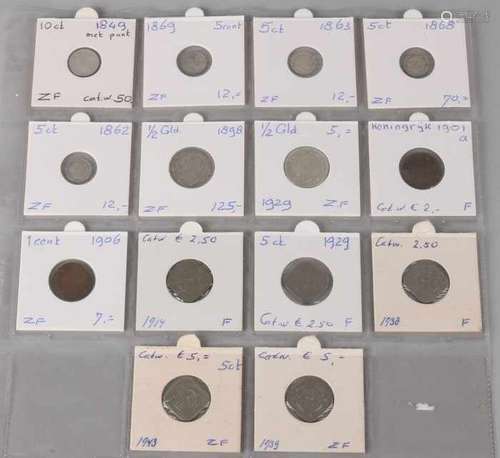 Lot of various Dutch coins including: 10 cents 1849 (with dot), 5 cents 1869, 5 cents 1863, 5