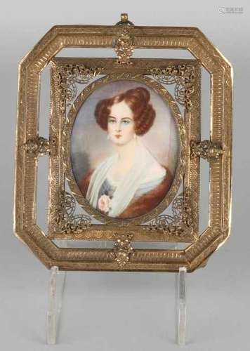 Antique miniature portrait in brass crafted table. Circa 1900. Size: 15 x 13 cm. In good