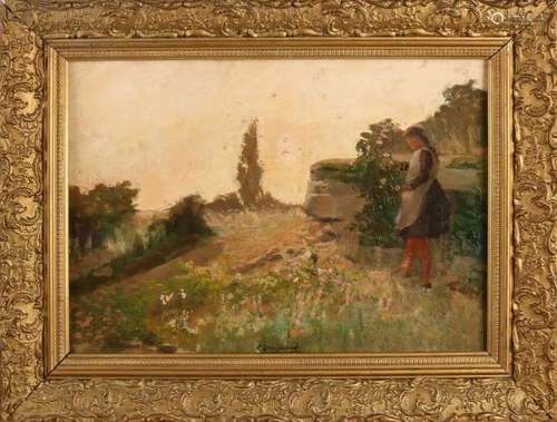 R. Graafland. Circa 1920. Girl in landscape. Oil paint on panel. Size: 45 x 33 cm. In good