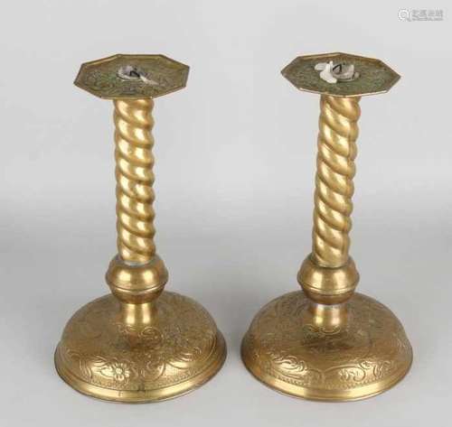 Two large antique copper-blown candlesticks in Baroque style with scoops in the base. Circa 1900.