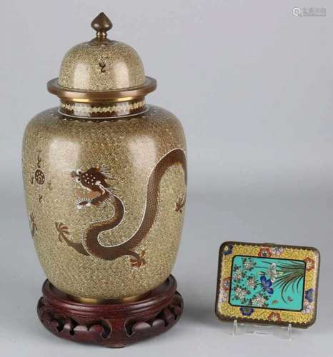 Antique Japanese cloissonne vase with dragons decor + antique cigarette case. Circa 1900. Size: