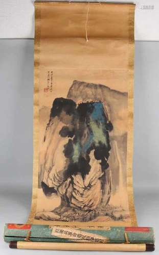 Ancient Chinese scroll painting in original sleeve. Rock and village. 20th century. Signed. Size: