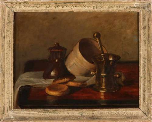 Hein Kever. 1854-1922. Still life with mortar, bread, cheese and pottery. Oil paint on linen.