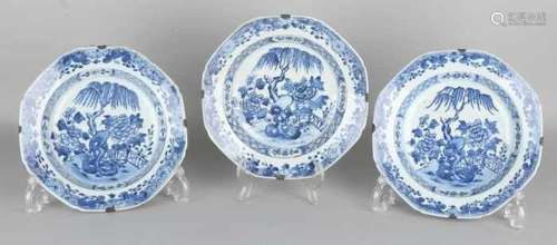 Three 18th century Chinese porcelain Queng Lung plates with garden decors and contoured borders. All