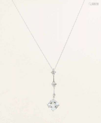 White gold necklace with pendant, 585/000, with aquamarine and white topaz. Fine twisted necklace