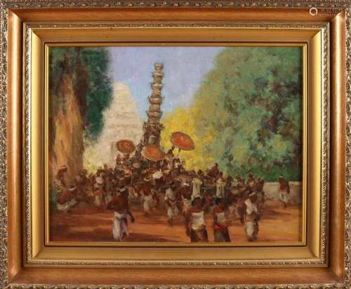 Laming. Indonesian School. Procession in Bali. Oil paint on linen. Size: 40 x 50 cm. In good