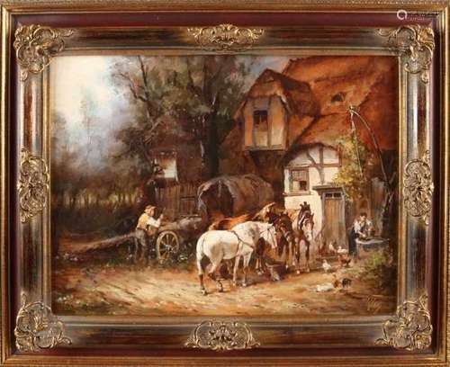 Hans Georg Kley. 1916 Berlin. German school. German farm with horses at watering place, chickens and