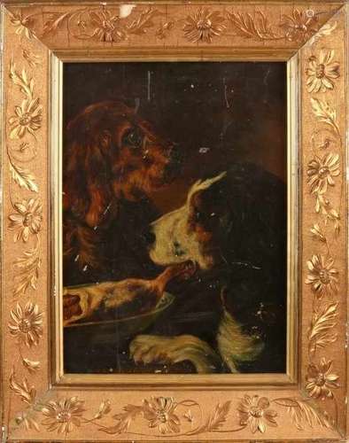 Vilis Lagerwey '86. Two dogs peck chicken leg. Oil paint on panel. Size: 35 x 26 cm. In decent