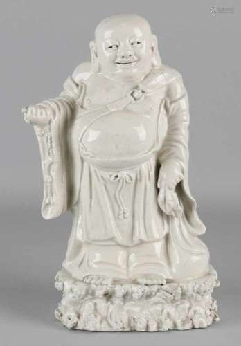 19th - 20th Century Chinese porcelain Hotei statue. Laughing buddha. White crackle glaze. Size: H 29