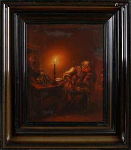 Unsigned. Circa 1900. Interior with candlelight. Oil paint on panel. Size: 37 x 49 cm. In good