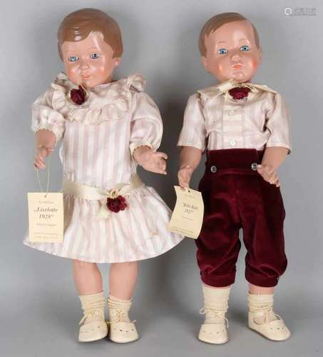 Two old German turtle dolls with articulated bodies and clothes. Liselotte and Bebi bub. Limited