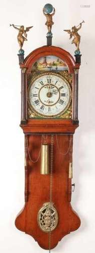 Early 19th century oak Frisian tail clock with wooden dolls, wedding wreath and alarm clock. Size: