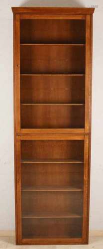 Antique oak two-door collector's case with shelves. Circa 1920. Size: 214 x 70 x 18 cm. In good