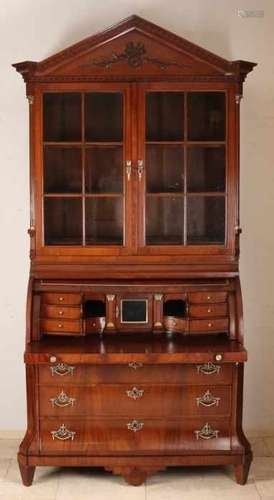 Dutch mahogany Louis Seize writing secretary with glass-uprising, brass frames and capitals. Circa