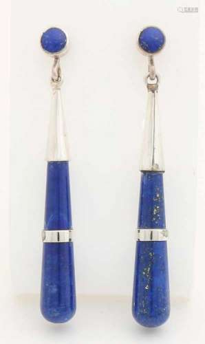 Silver earrings, 925/000, with pear-shaped pendants. Round button set with a lapis lazuli with a
